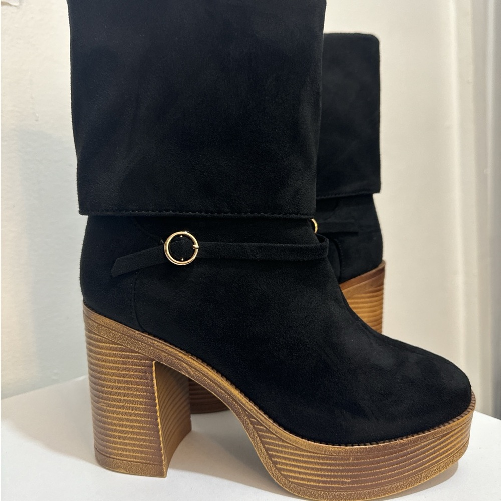 NEW Suede Platform Block Heel Boots in Black